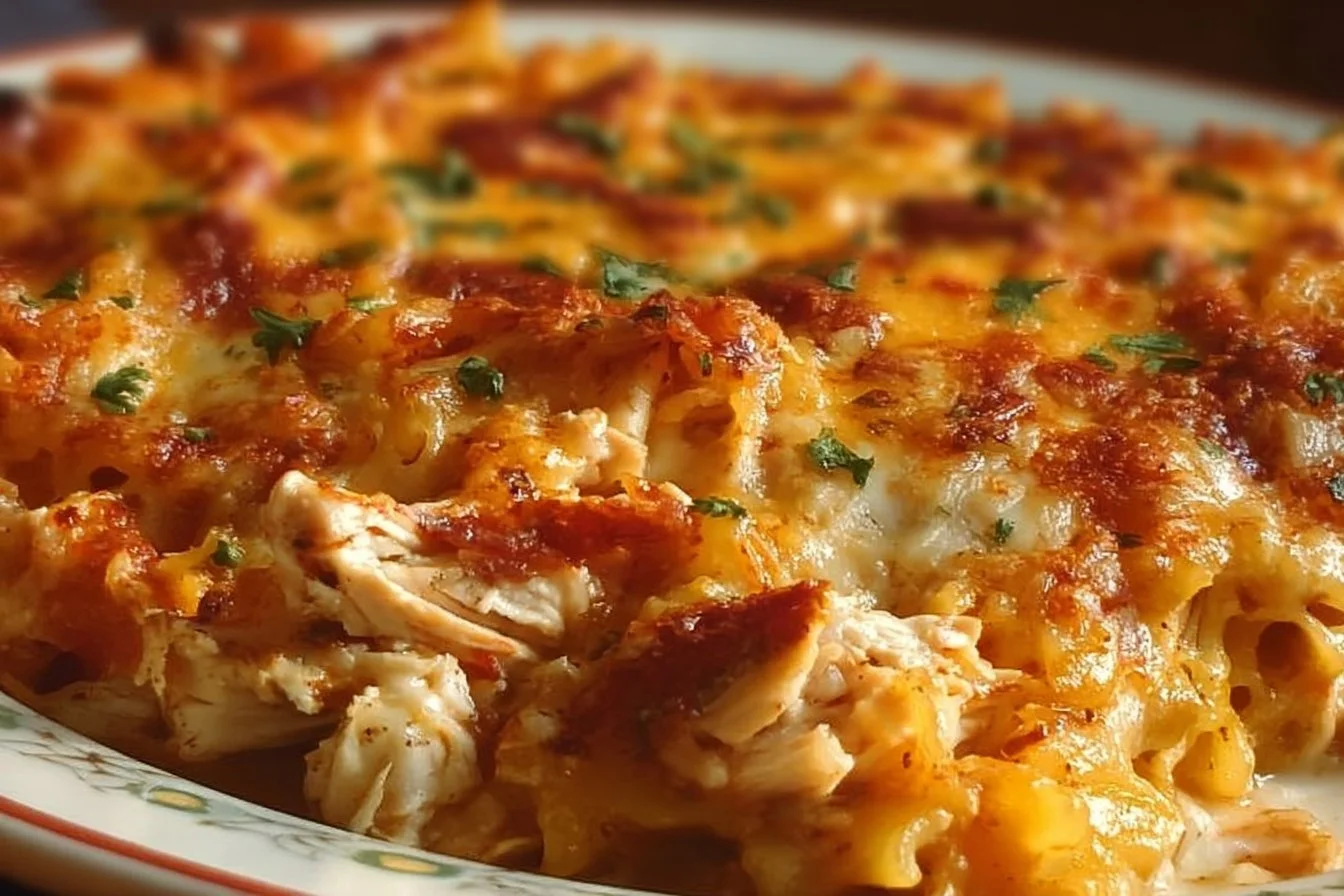 BBQ Ranch Chicken Casserole in a baking dish, garnished with green onions