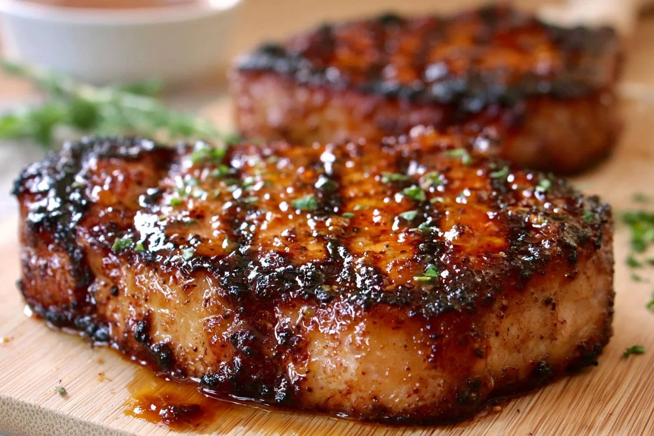 Best Grilled Pork Chops -thegirlskitchen 3 Perfectly grilled pork chops served on a plate with a side of vegetables.