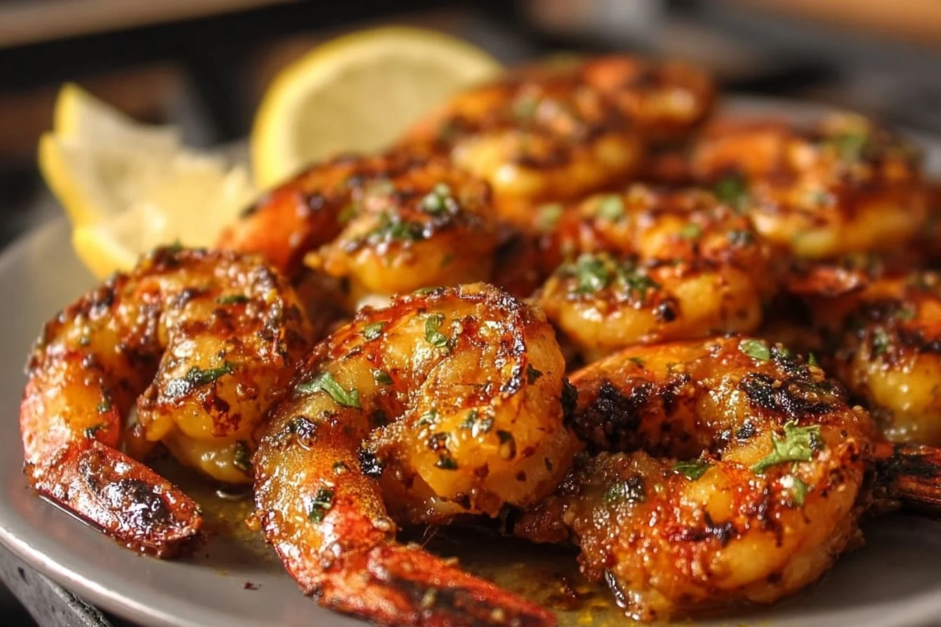 Delicious marinated grilled shrimp on a barbecue grill.