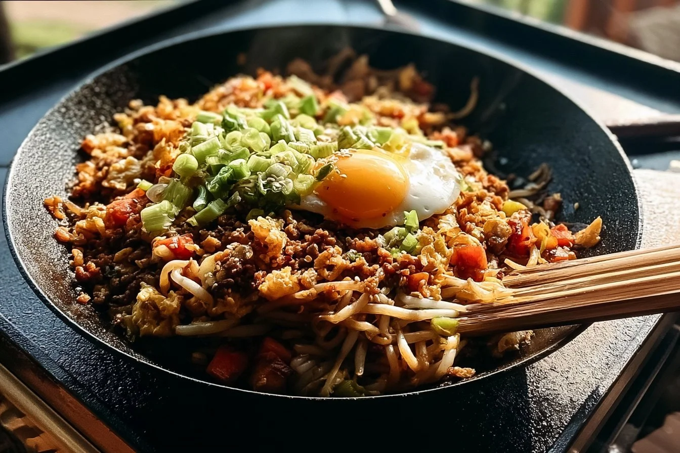 Delicious Blackstone egg roll bowl with fresh vegetables and savory sauce