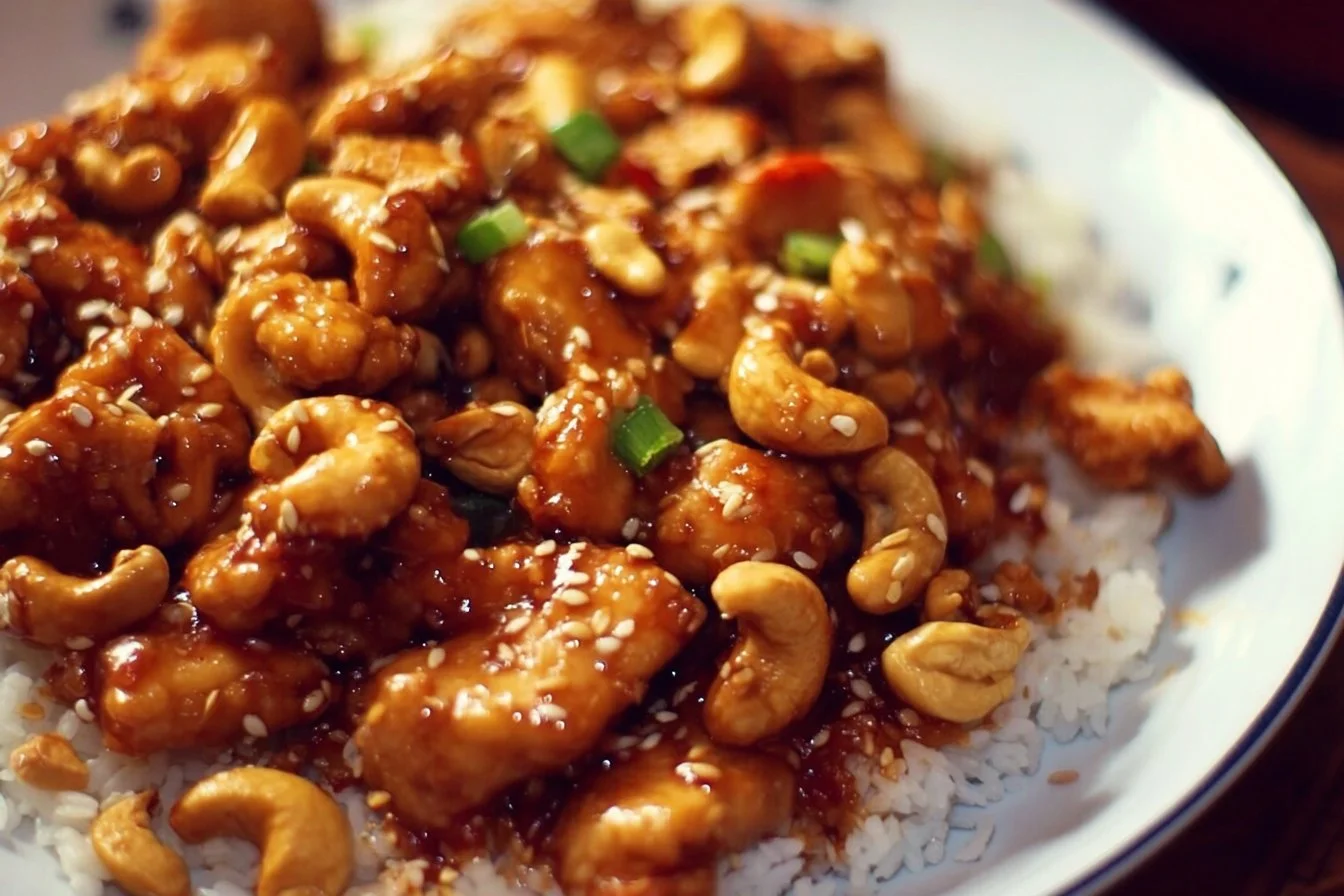 Delicious homemade Cashew Chicken with tender chicken, cashews, and vegetables.