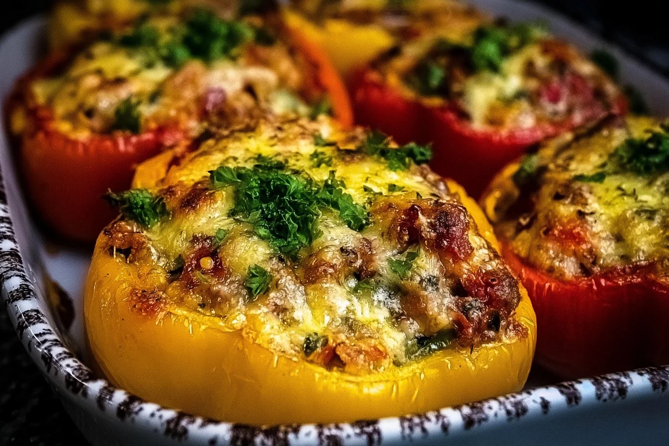 Cheesy Stuffed Bell Peppers 3 Cheesy stuffed bell peppers filled with rice and cheese ready to serve.