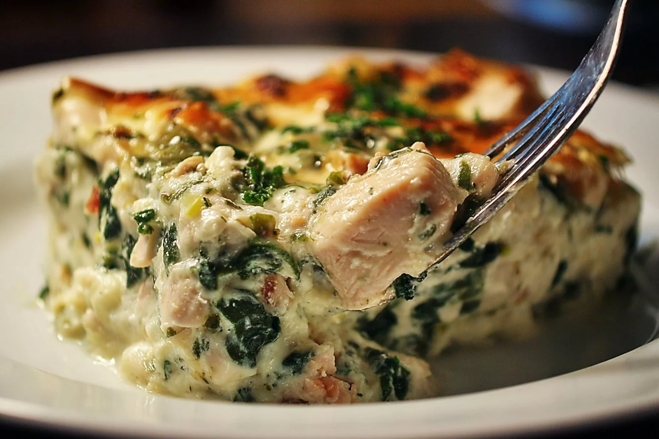 Delicious chicken and spinach casserole topped with cream cheese, a comforting dish.