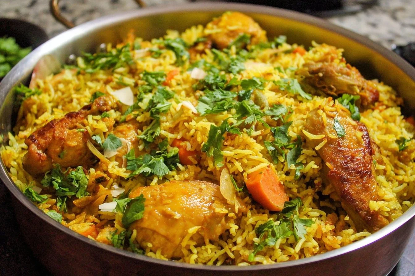 Chicken Biryani 3 Delicious plate of Chicken Biryani garnished with herbs and served with raita