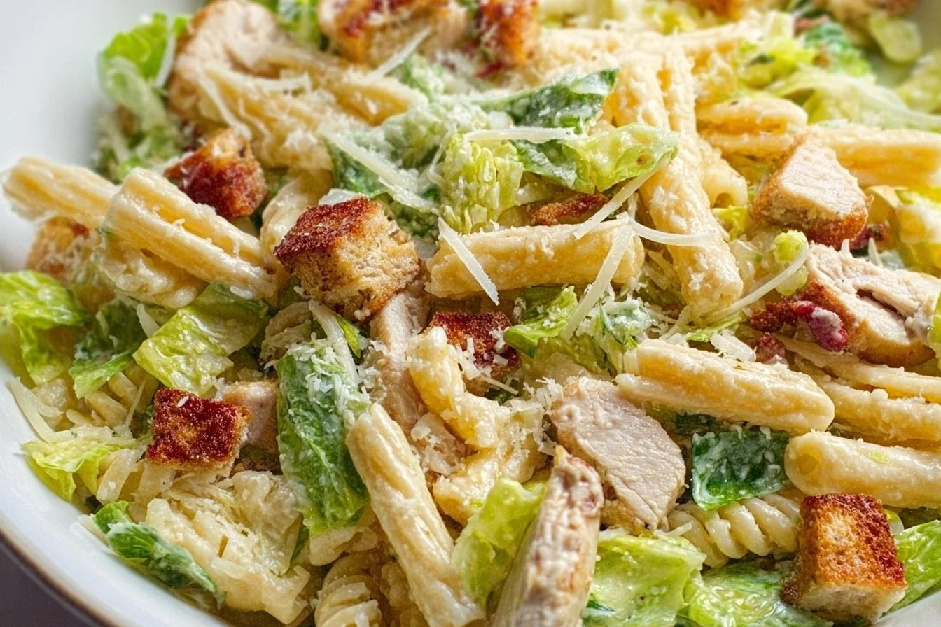 Chicken Caesar Pasta Salad with fresh ingredients and creamy dressing