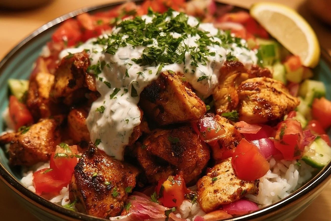 Delicious Chicken Gyro Bowl with fresh vegetables and tzatziki sauce