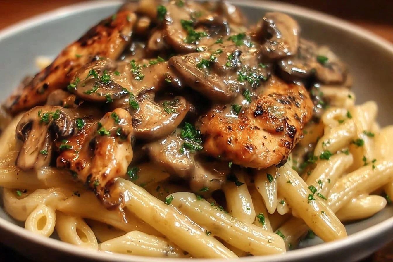 Delicious Chicken Marsala Pasta garnished and ready to serve.
