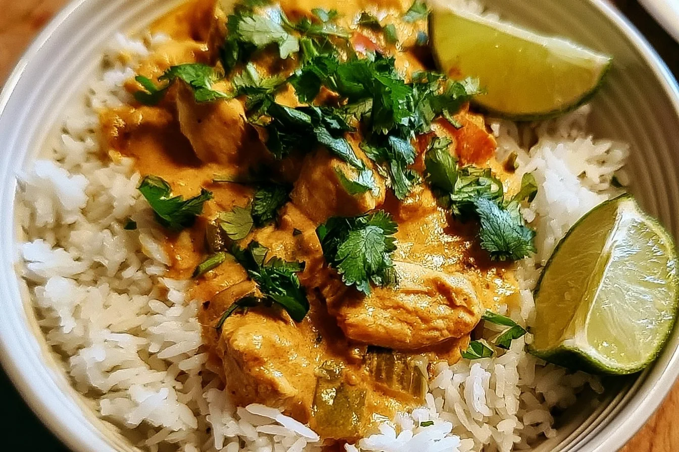 Coconut Chicken Rice Bowl with creamy sauce, served in a bowl, garnished with herbs