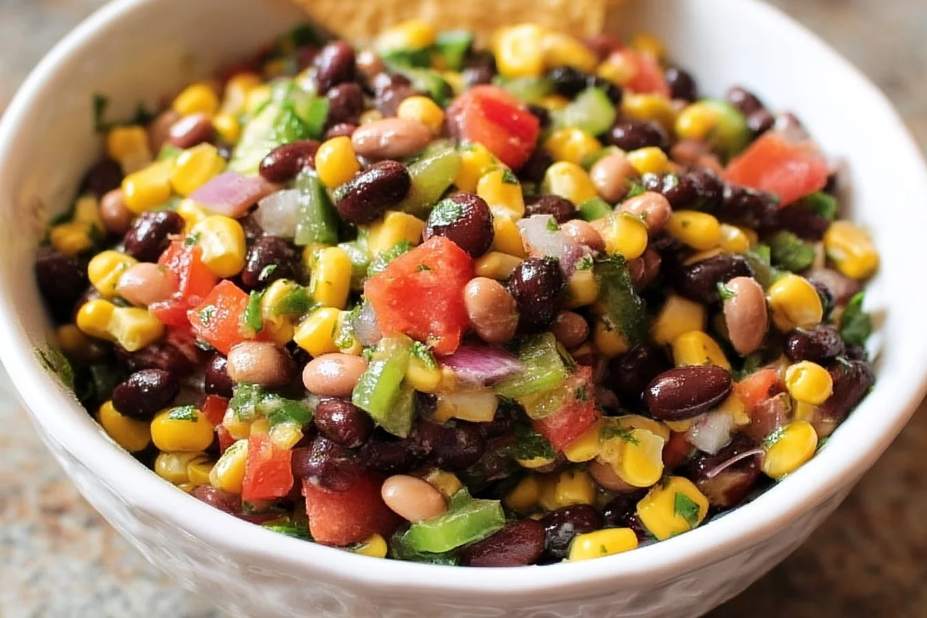 Colorful Cowboy Caviar salad with beans, corn, and diced vegetables.