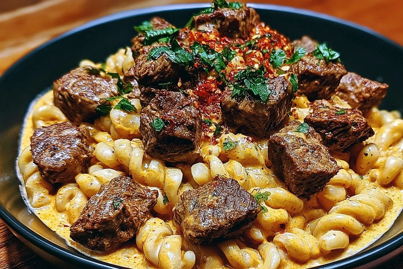 Creamy Garlic Butter Steak Bites with Spicy Cajun Alfredo Twisted Pasta 3 Creamy garlic butter steak bites served with spicy Cajun Alfredo twisted pasta