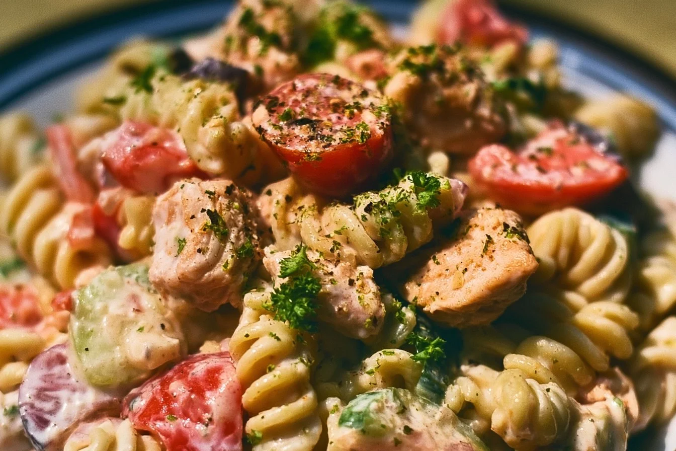 Creamy high-protein pasta salad with chicken served in a bowl
