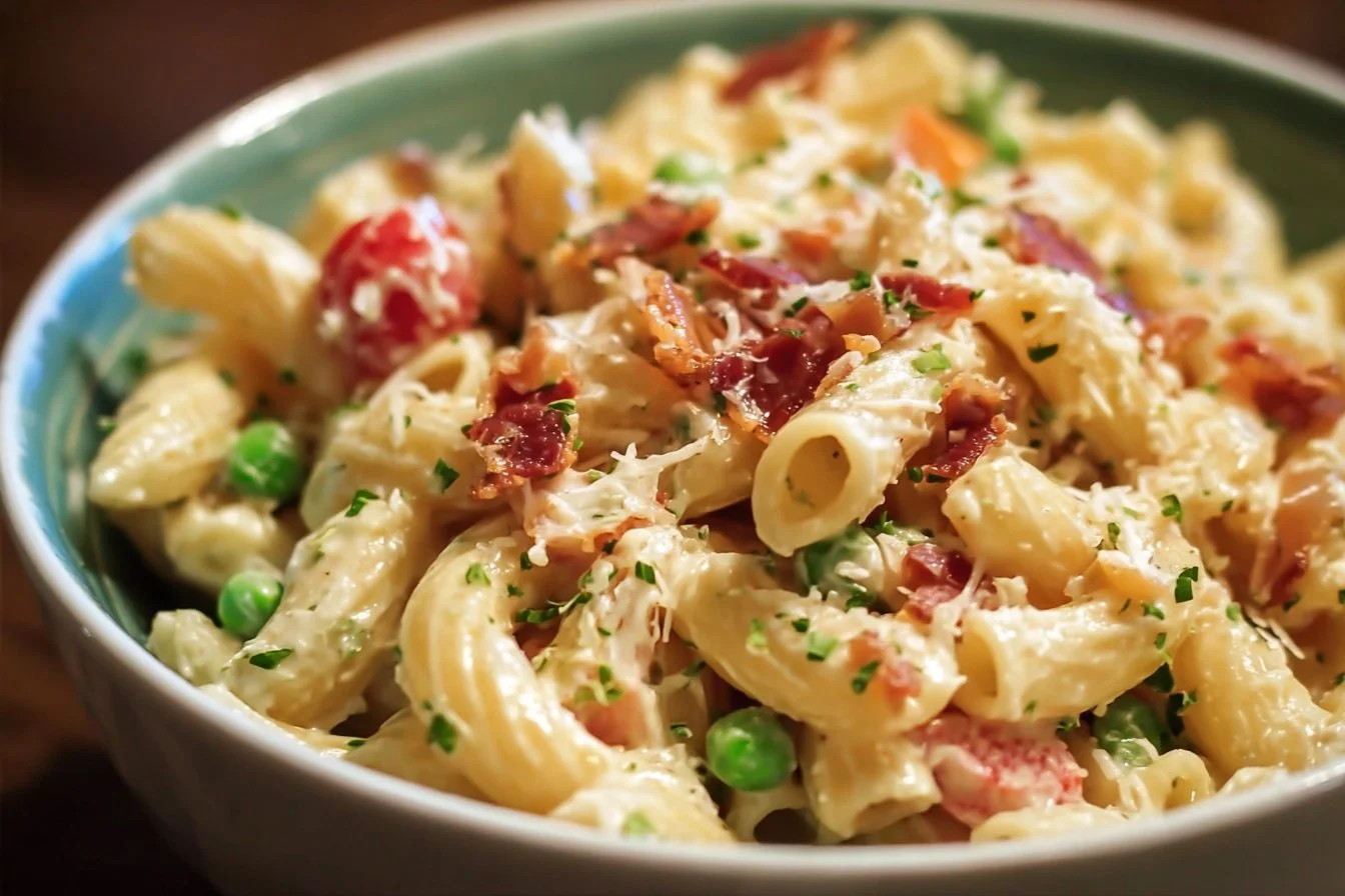 A vibrant bowl of creamy pasta salad with vegetables and dressing