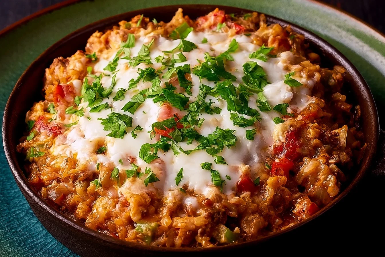 Bowl of easiest unstuffed peppers with colorful ingredients and spices