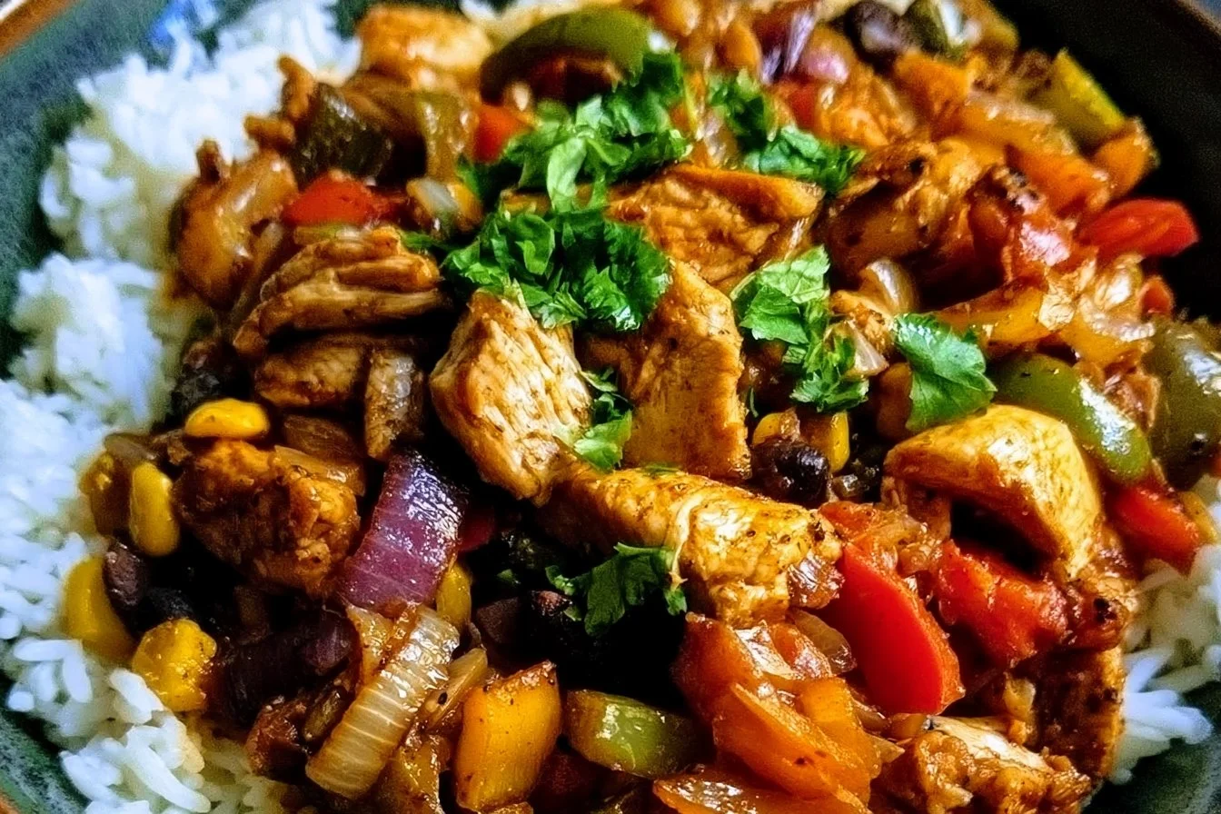 Easy Chicken Fajita Burrito Bowls 3 Delicious chicken fajita burrito bowls topped with fresh vegetables and spices.