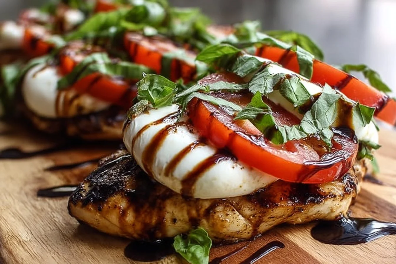 Easy Grilled Chicken Caprese with mozzarella and basil on a plate