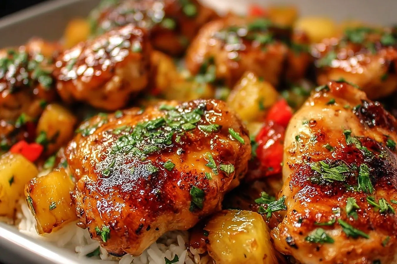 Easy juicy Hawaiian chicken sheet pan dinner with colorful veggies