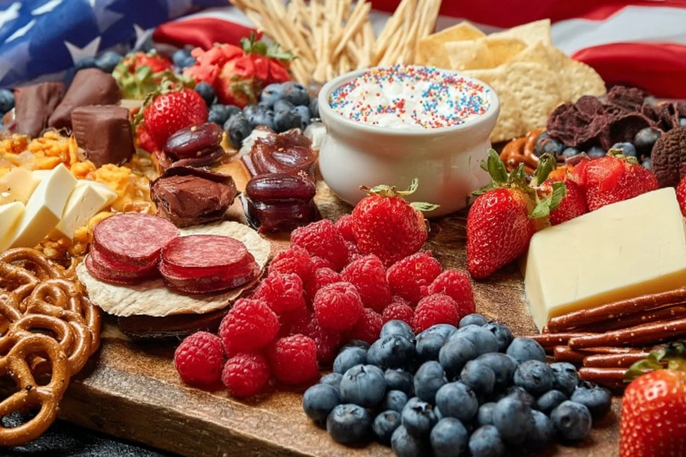 Fourth of July snack board featuring patriotic themed snacks and decorations.