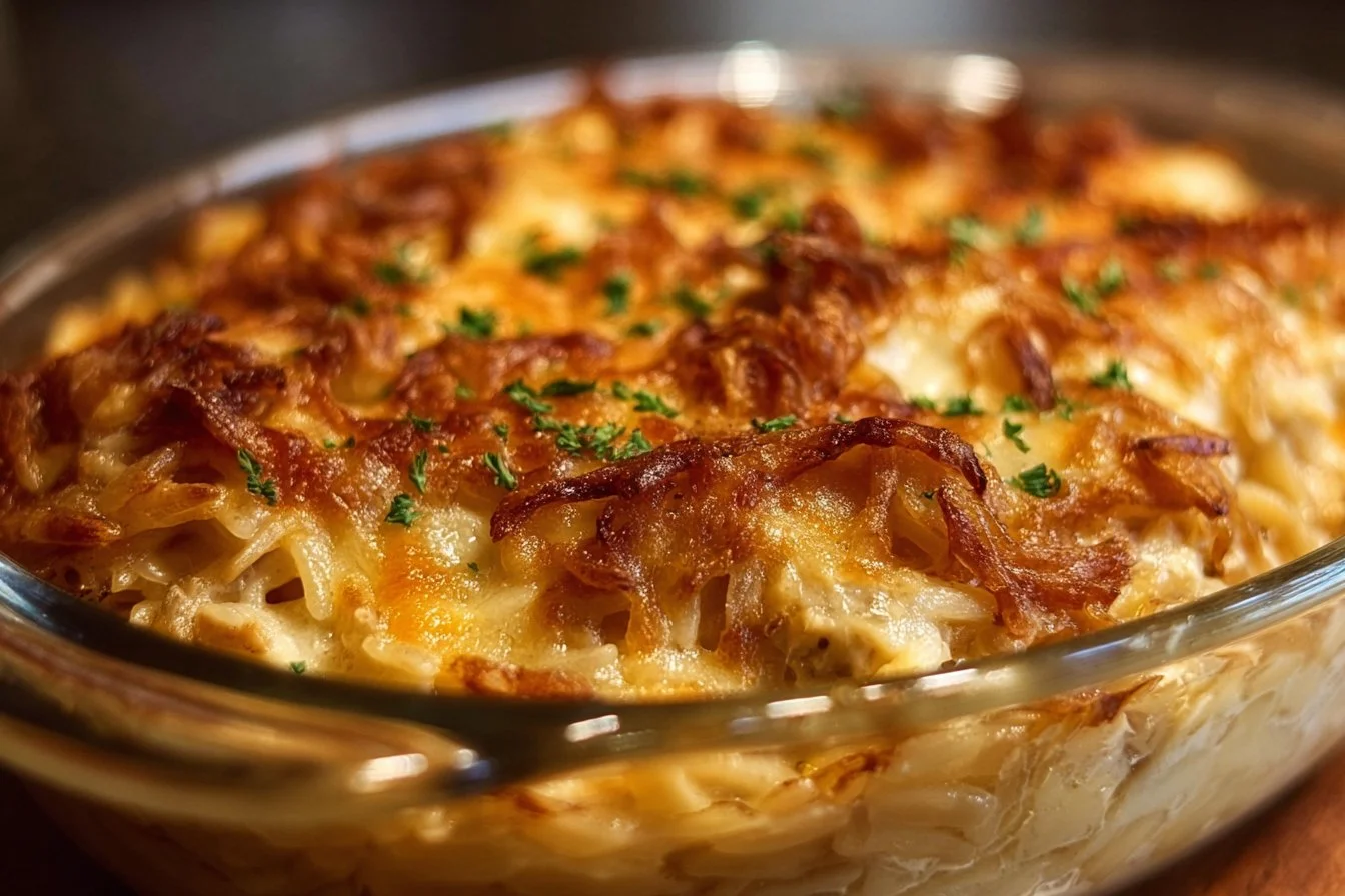 French Onion Chicken Orzo Casserole topped with melted cheese