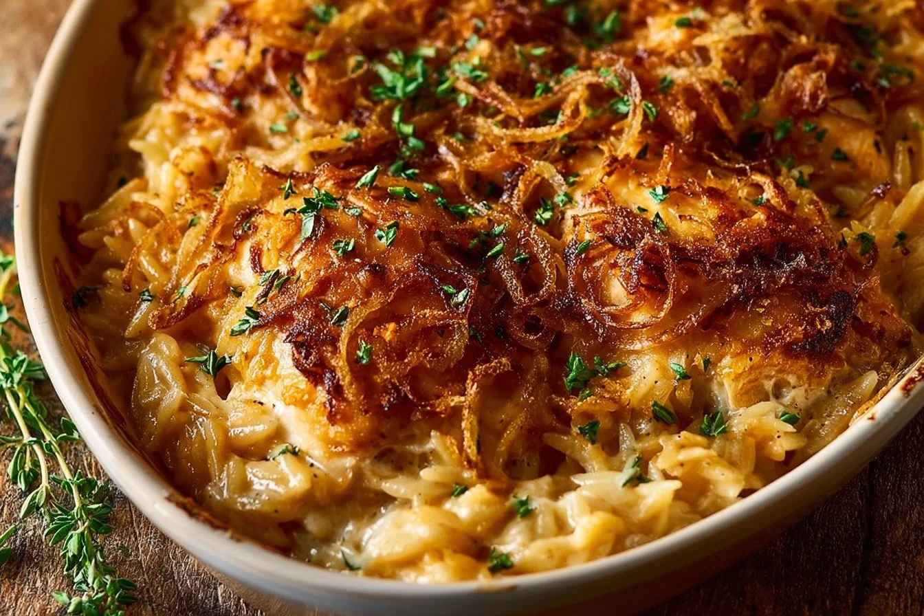 French Onion Chicken Orzo Casserole