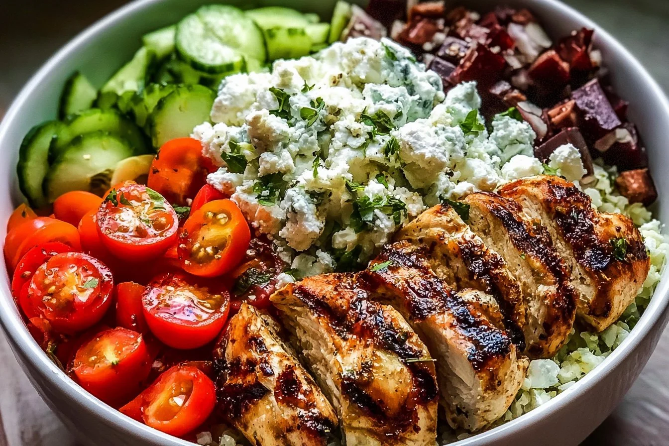 Delicious Greek Chicken Bowls with fresh ingredients and vibrant colors.
