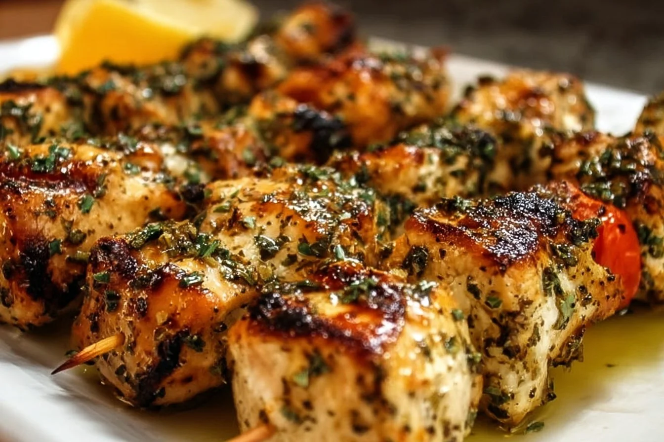 Grilled Greek chicken kabobs with colorful veggies and herbs
