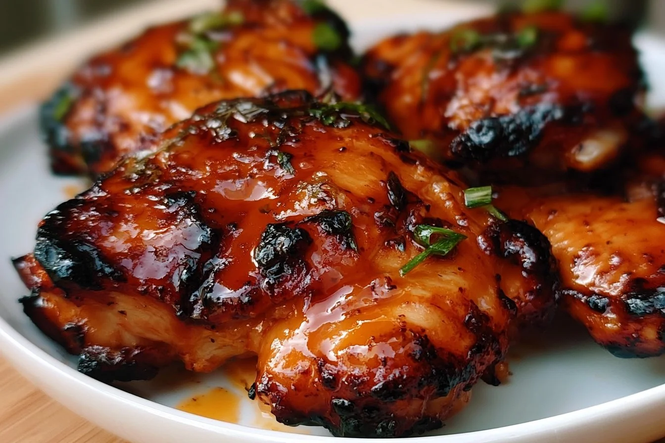 Grilled honey buffalo chicken thighs on a plate with garnishes