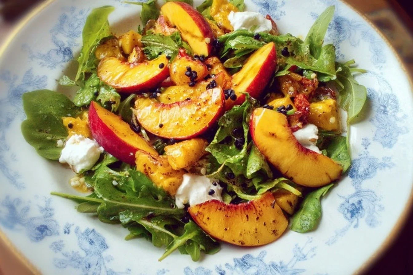 Colorful Grilled Peach Salad with fresh greens and delicious toppings