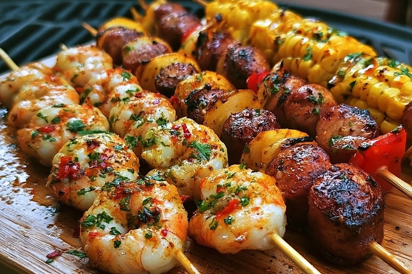 Delicious grilled seafood skewers served on a platter with fresh herbs