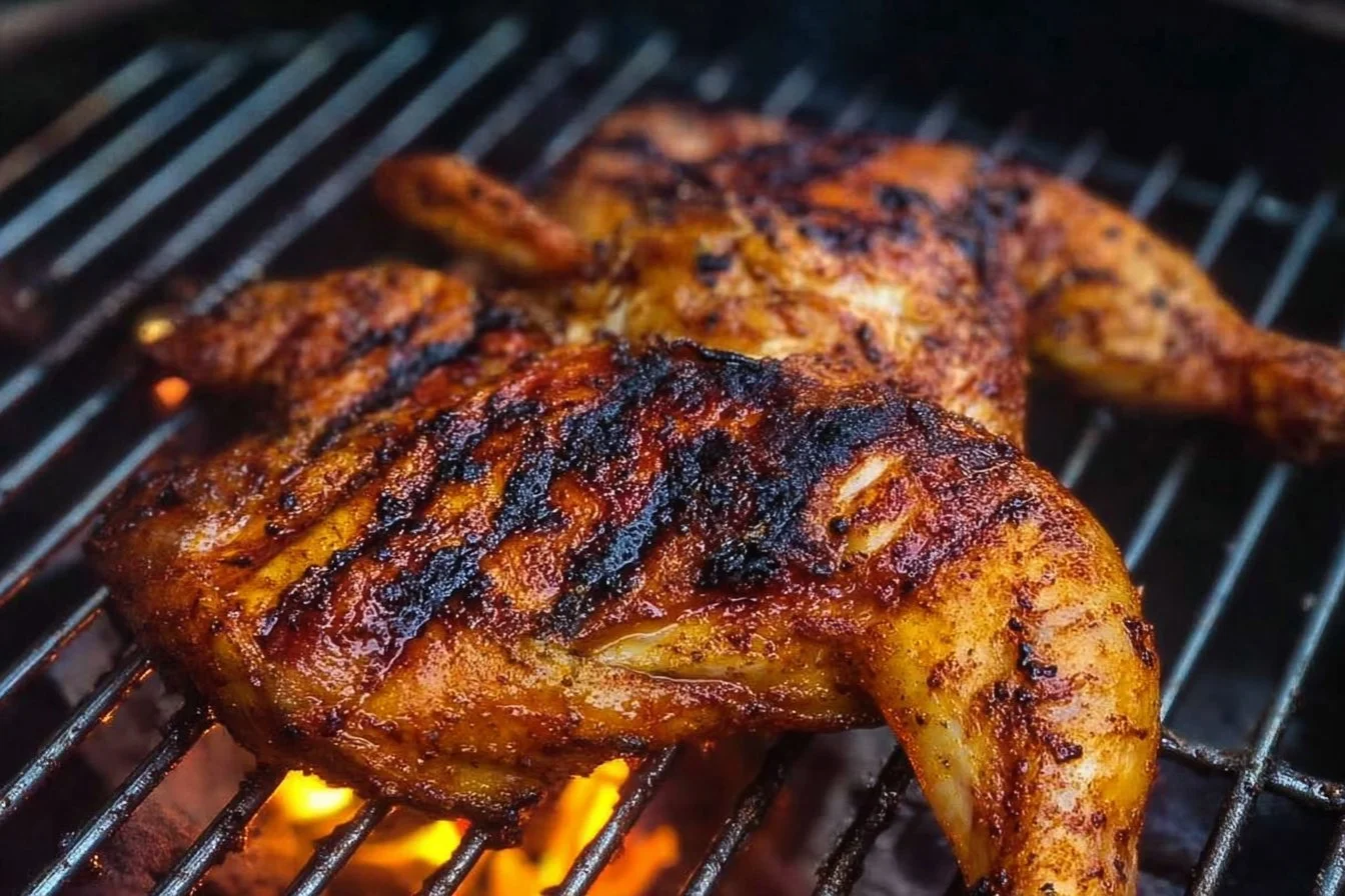 Grilled spatchcock chicken on a barbecue grill, showcasing juicy and flavorful meat.