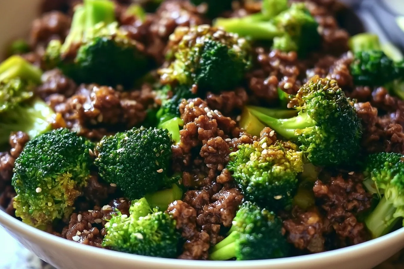Plate of hamburger meat and broccoli stir-fry with spices and seasonings.