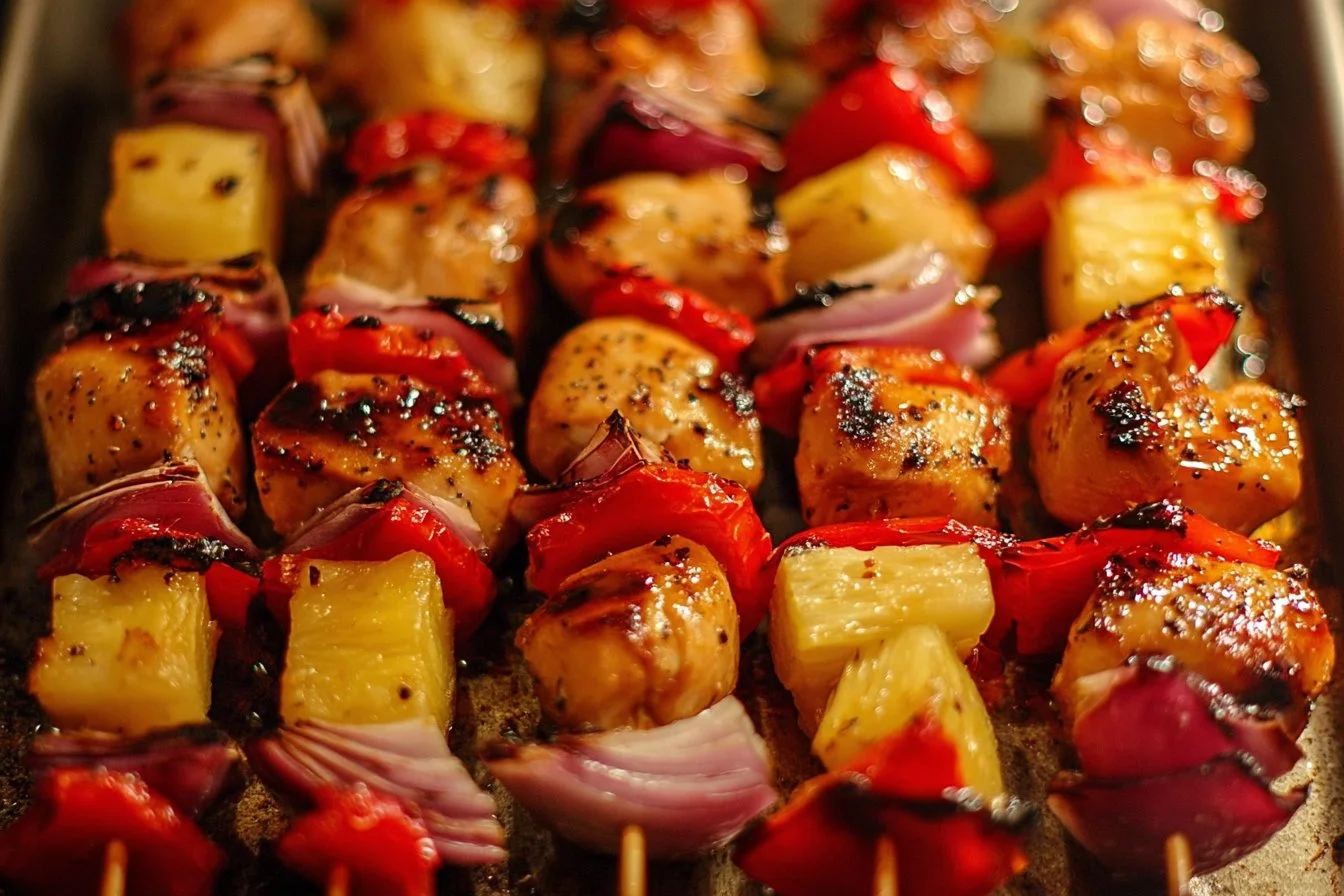 Delicious Hawaiian chicken kabobs grilled with fresh fruits and vegetables.