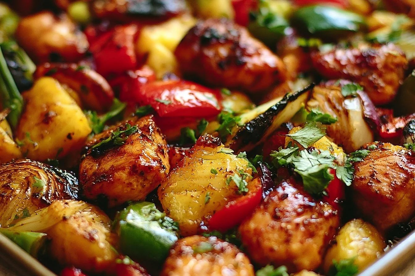 Hawaiian Chicken Sheet Pan with colorful veggies and pineapple