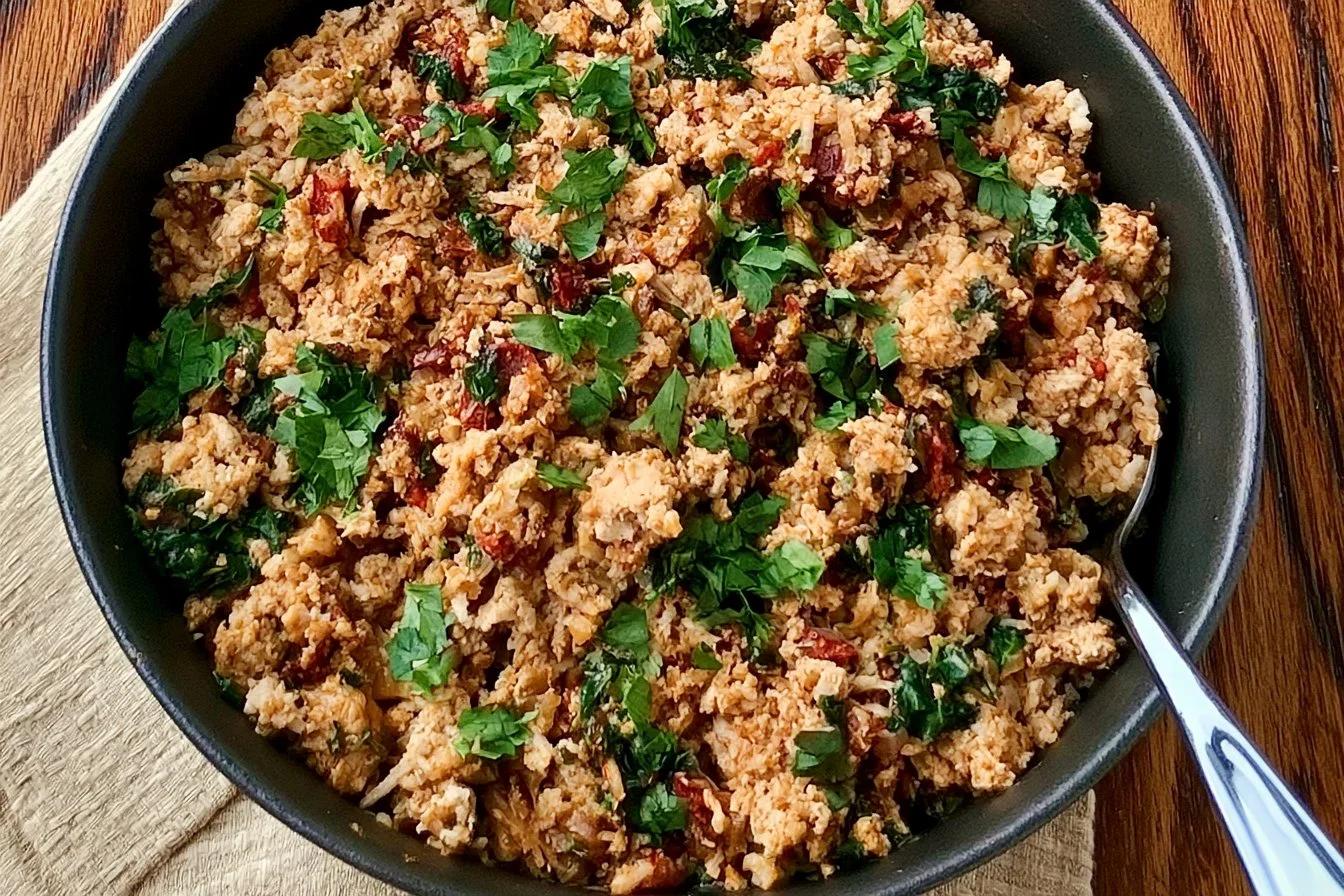 Healthier Marry Me Chicken Skillet made with ground chicken and fresh ingredients