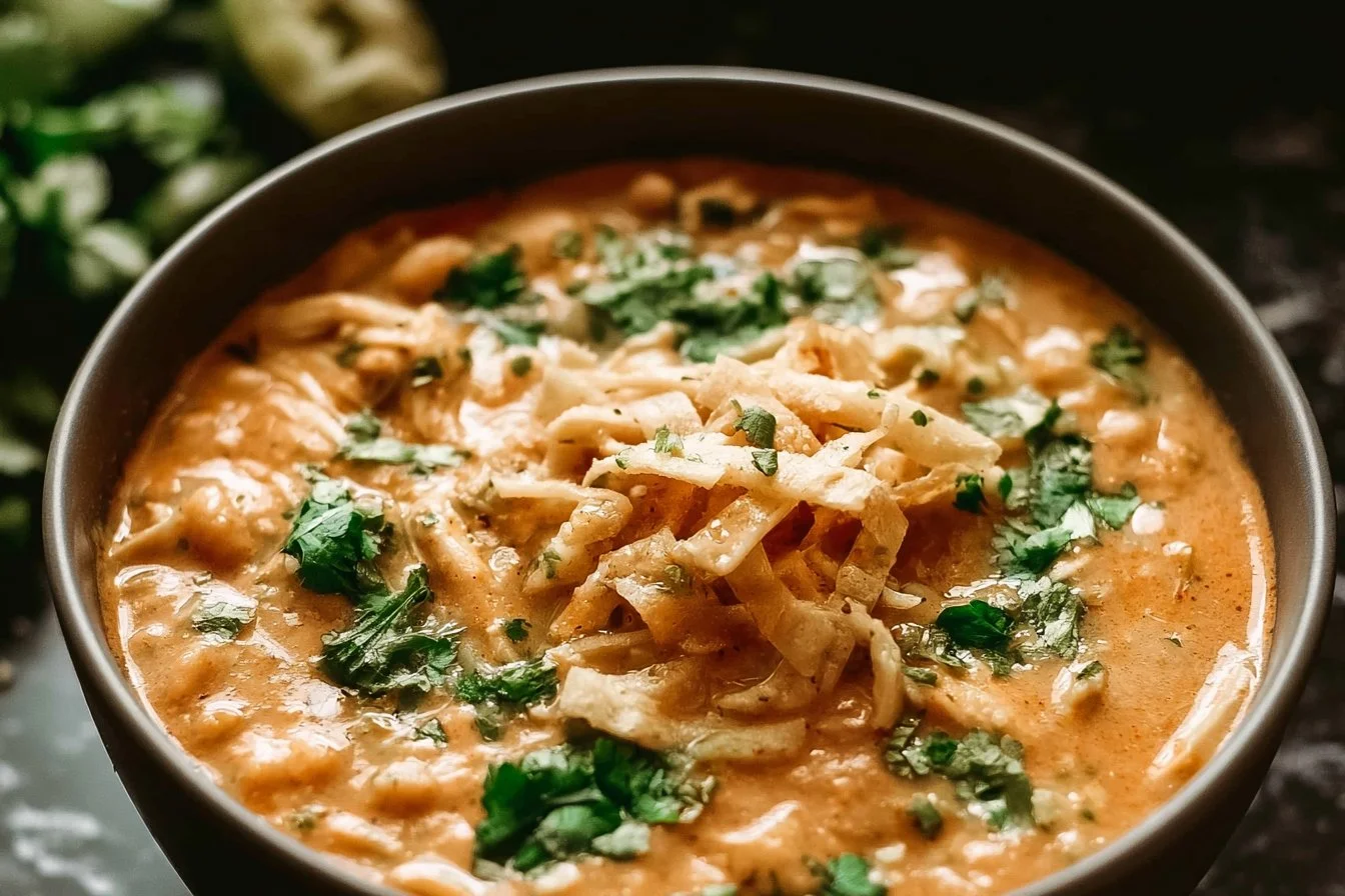 Bowl of healthy high protein white chicken chili with fresh herbs and toppings