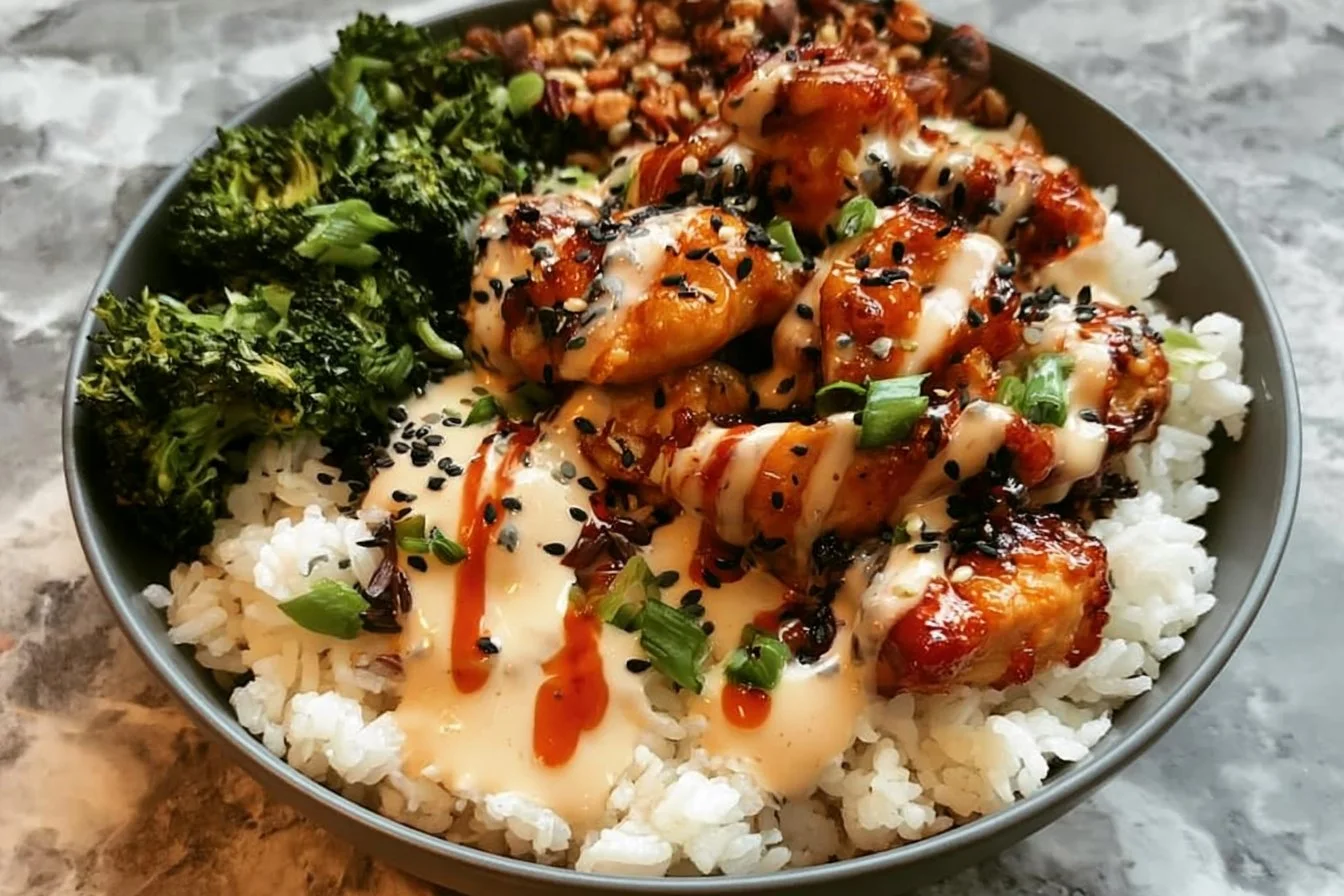Healthy sticky chicken bowls topped with fresh vegetables and quinoa.