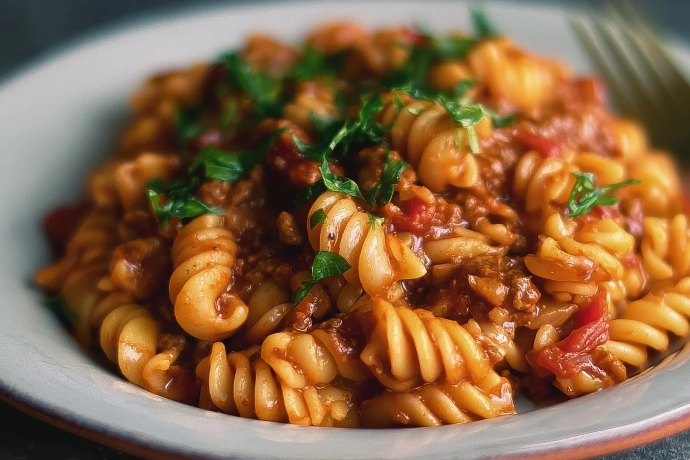 Bowl of high protein taco pasta topped with cheese and cilantro