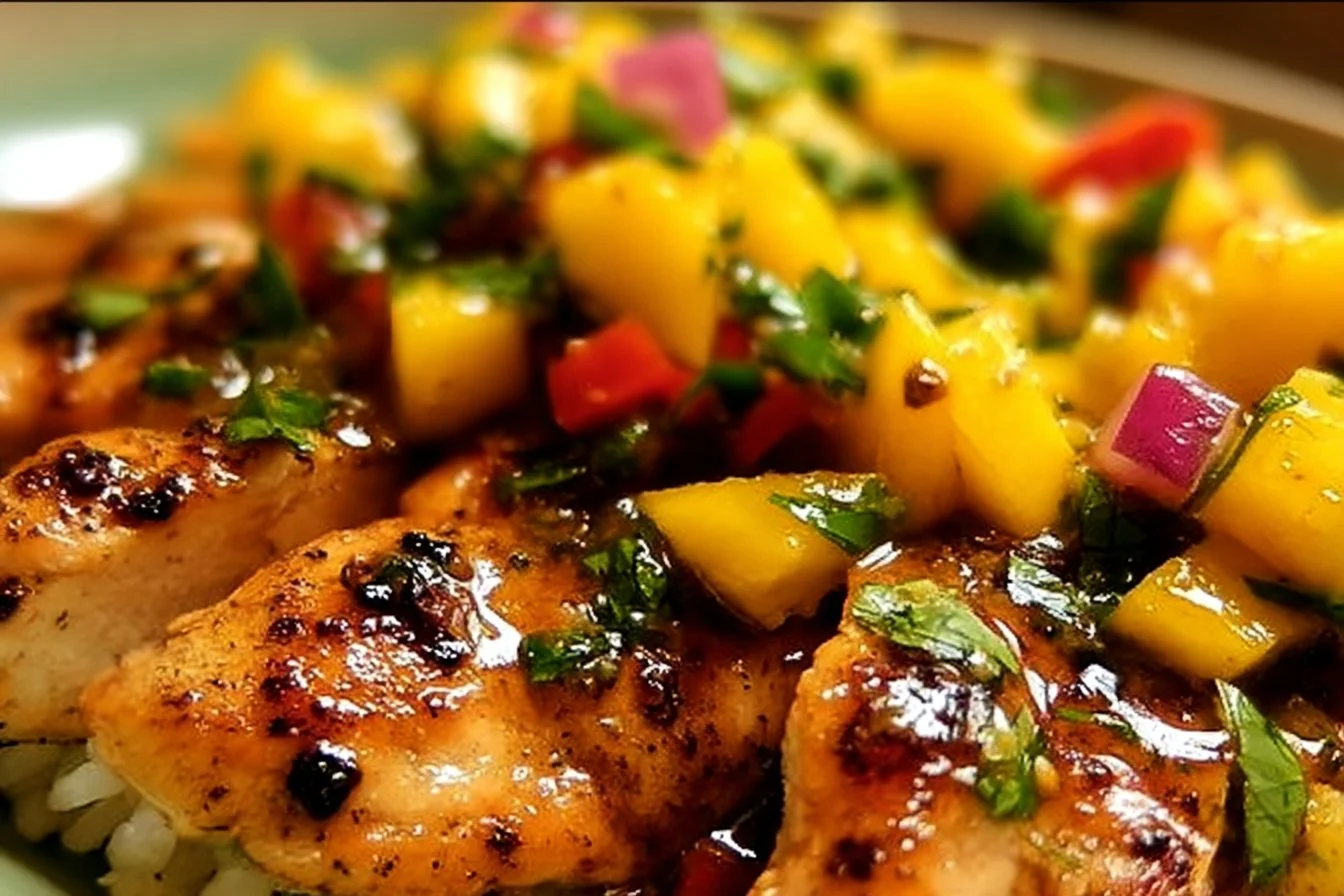 Honey Lime Chicken served with vibrant Mango Salsa on a white plate