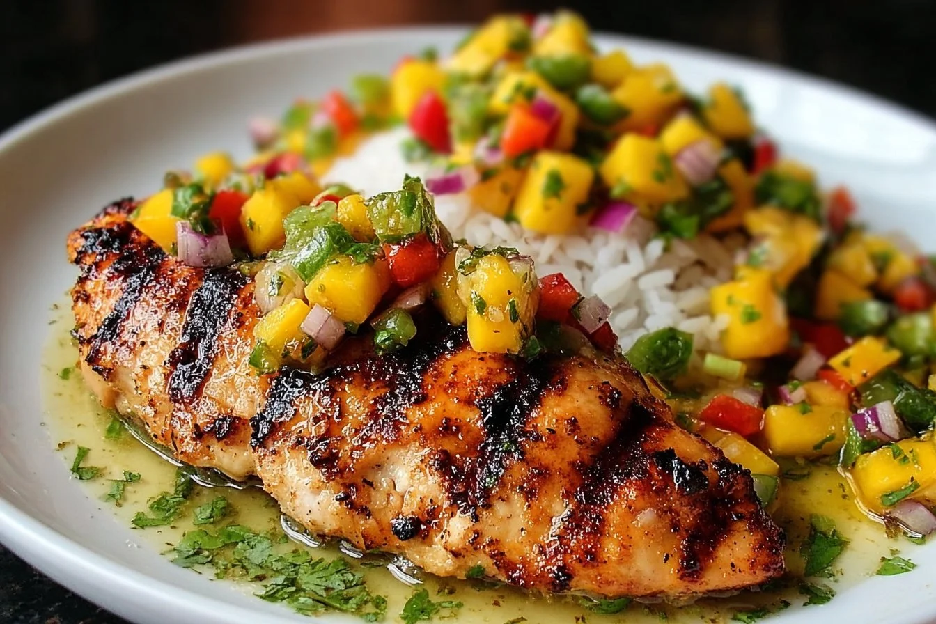 Honey Lime Chicken with Mango Salsa 3 Grilled Honey Lime Chicken topped with fresh Mango Salsa