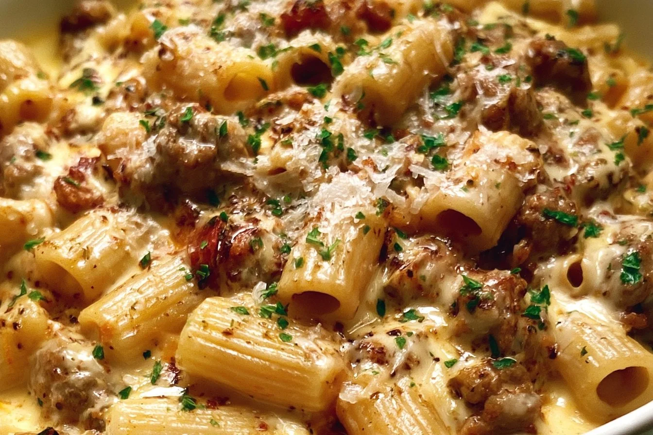 Creamy Italian sausage rigatoni garnished with parsley and Parmesan cheese