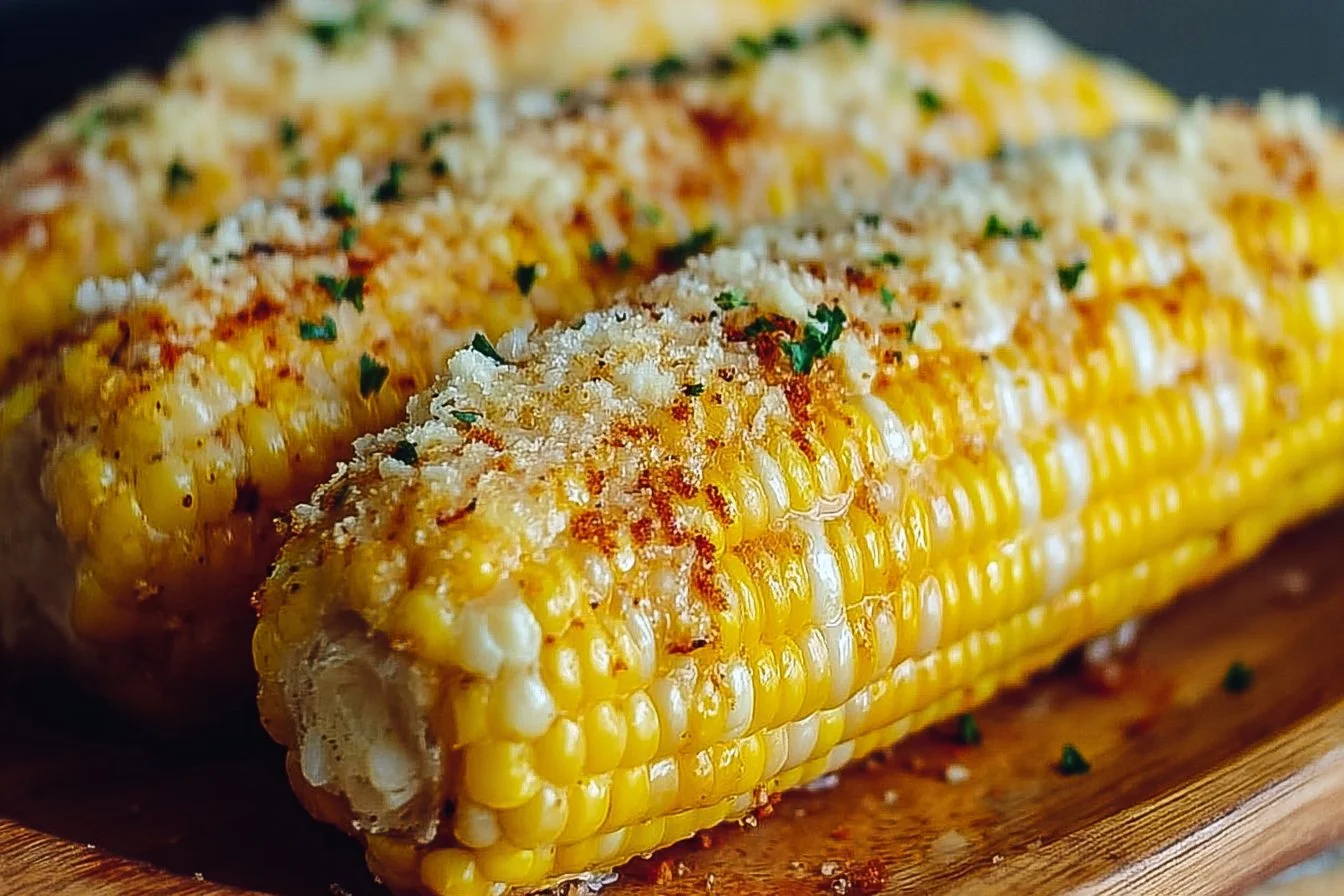 Delicious garlic parmesan corn on the cob served with fresh herbs