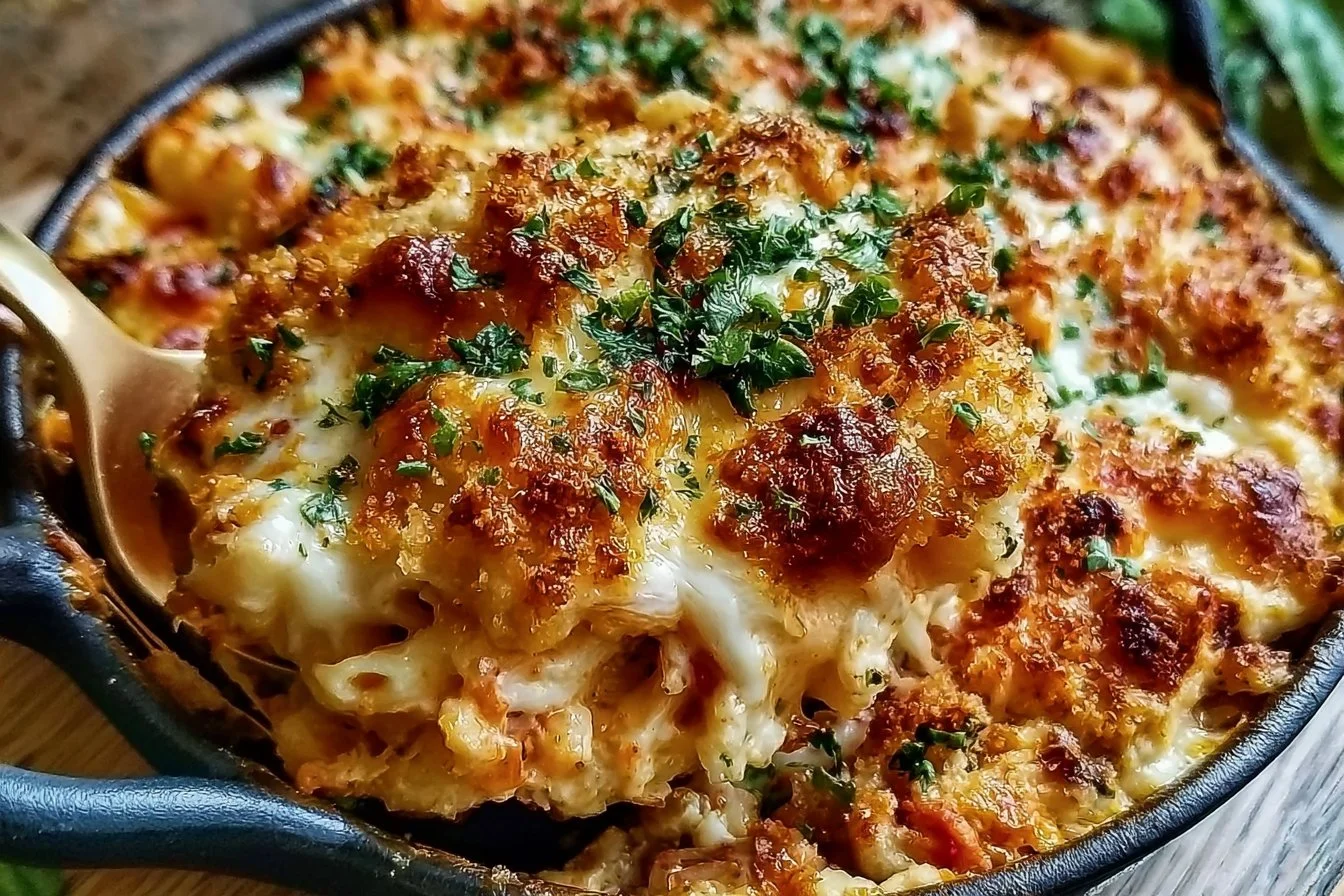 Cheesy high protein chicken parmesan casserole served in a dish