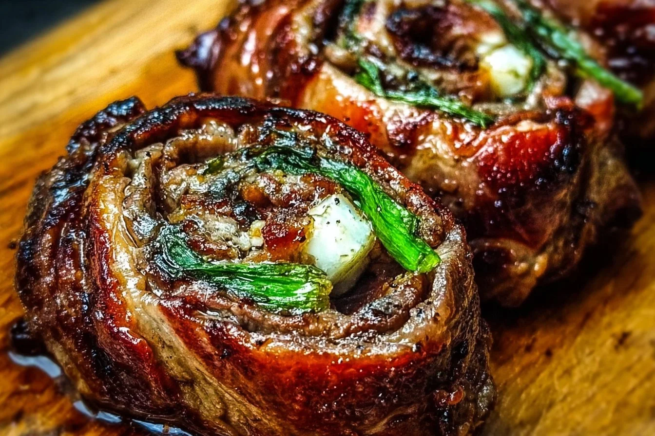 Juicy grilled flank steak rolls prepared on a barbecue grill