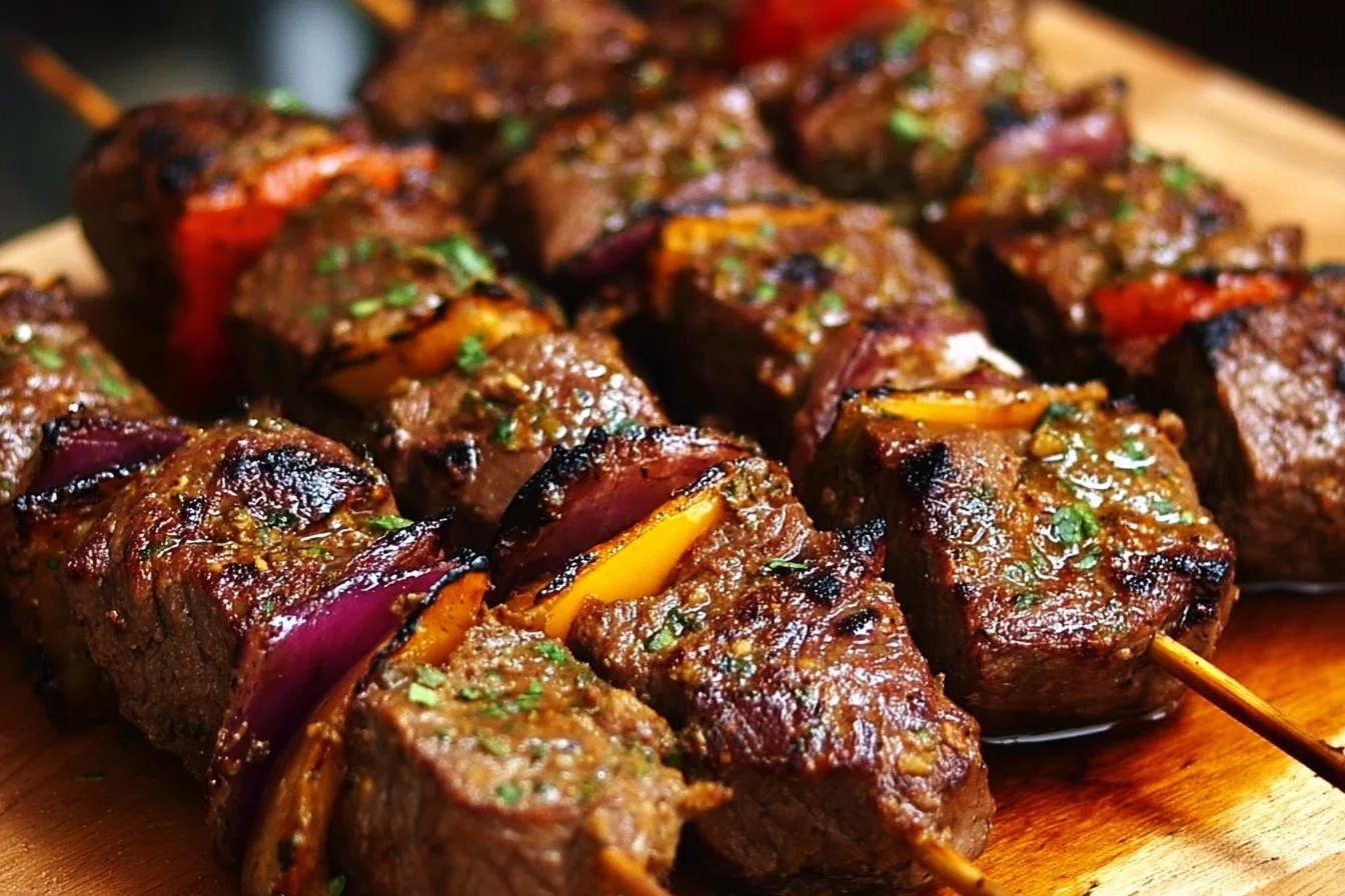 Juicy Steak Kebabs with Savory Marinade for Summer Grilling 3 Juicy steak kebabs marinated and grilled for a flavorful summer dish