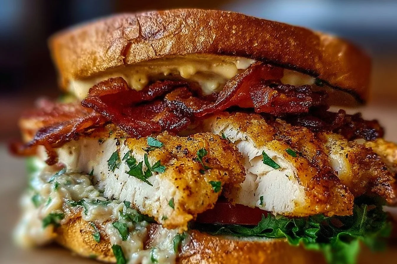 Loaded Chicken Club sandwich, crispy chicken, bacon, and fresh toppings