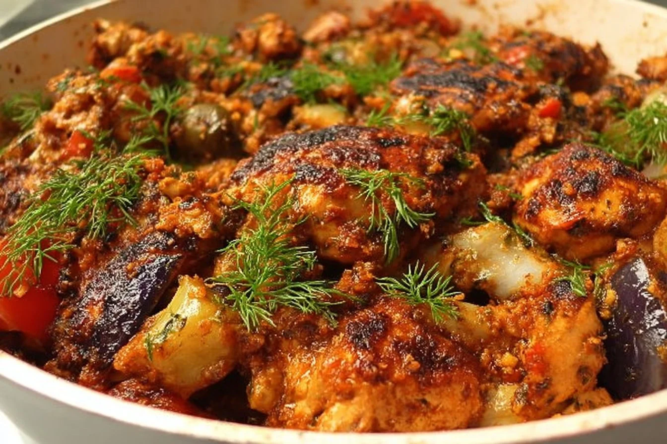 Plate of Mediterranean Chicken garnished with herbs and vegetables