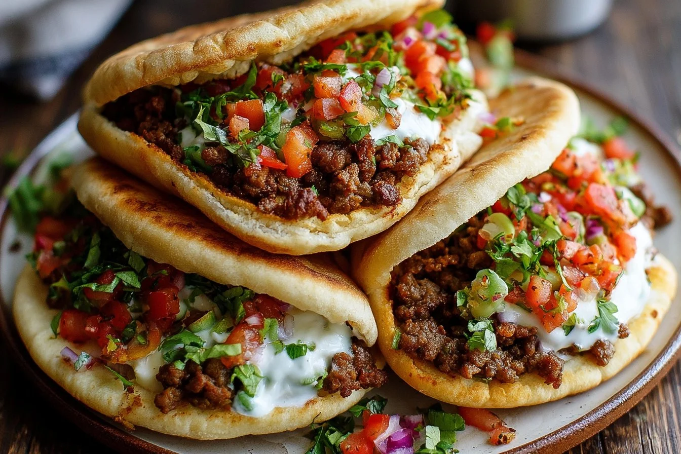 Mediterranean ground beef filled pita pockets with fresh toppings