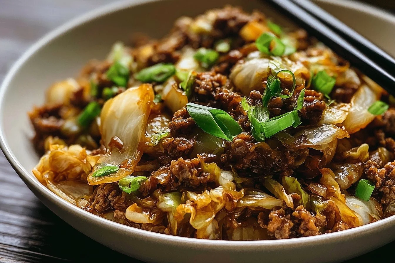 Delicious Mongolian Cabbage with Ground Beef served in a bowl