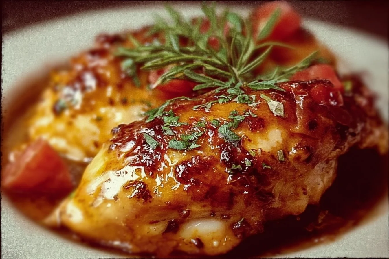 Plate of Monterey Chicken with cheese, peppers, and BBQ sauce