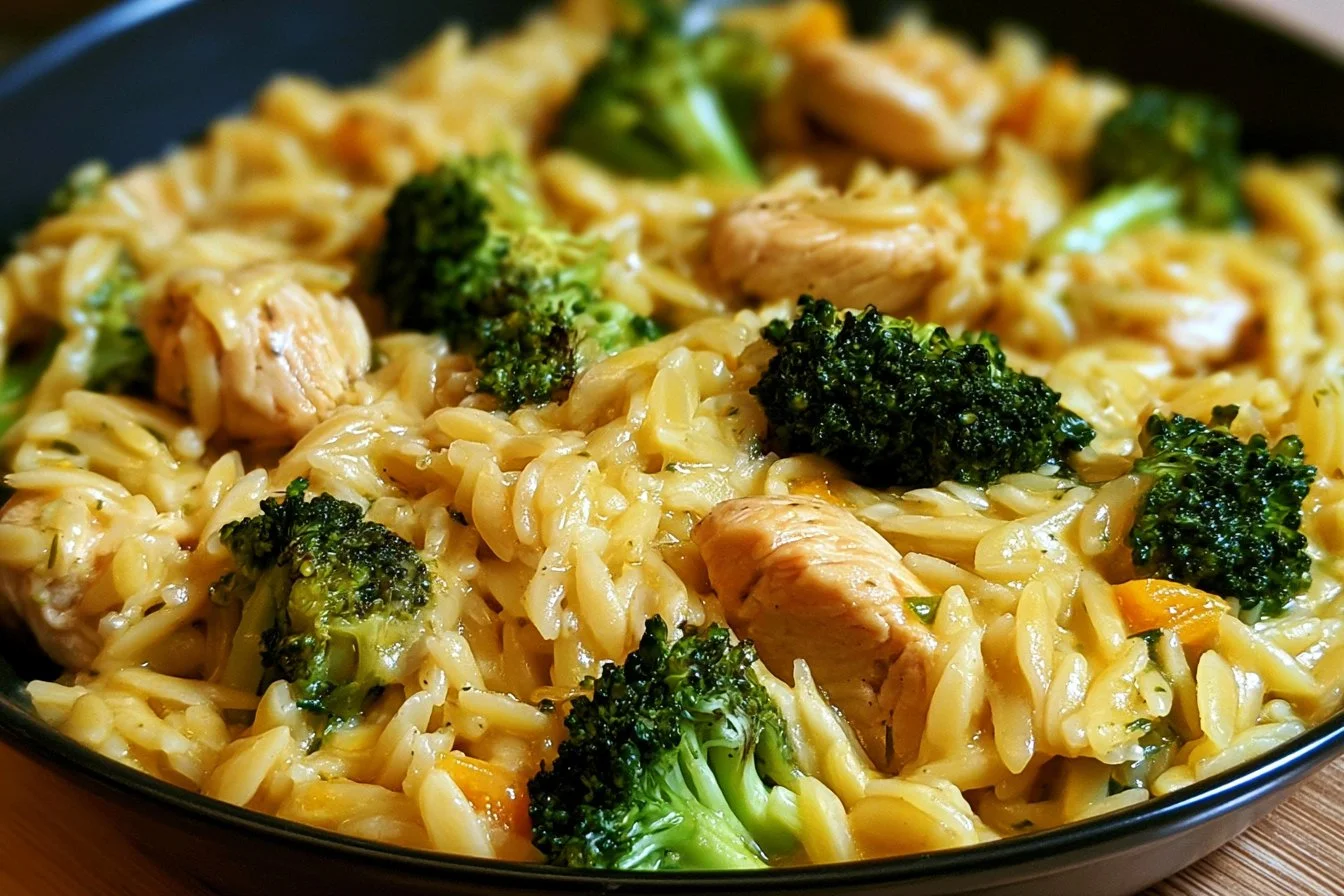 One Pot Cheesy Chicken And Broccoli Orzo 3 One pot cheesy chicken and broccoli orzo dish served in a bowl