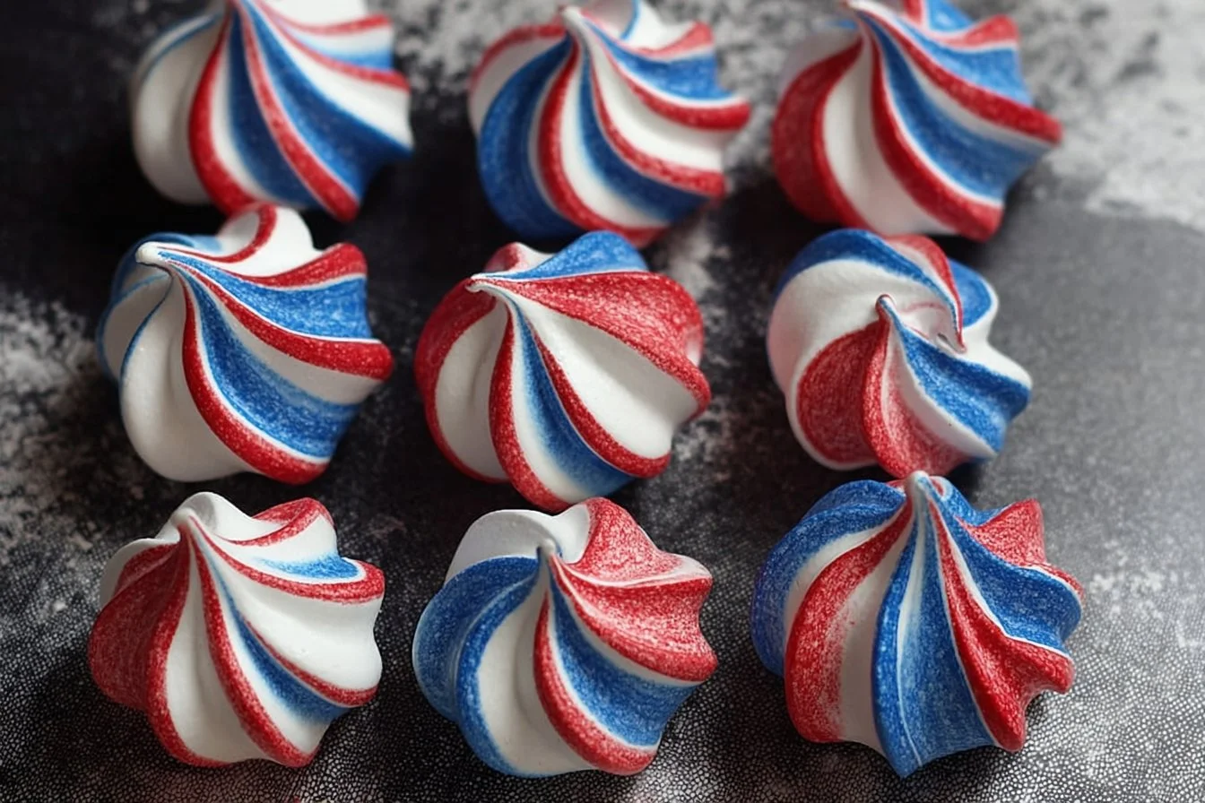 Patriotic meringue kisses in red, white, and blue colors for festive occasions.